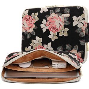 Rose print Canvas Water Resistant 15.6 Laptop Sleeve fleece lining padded zip